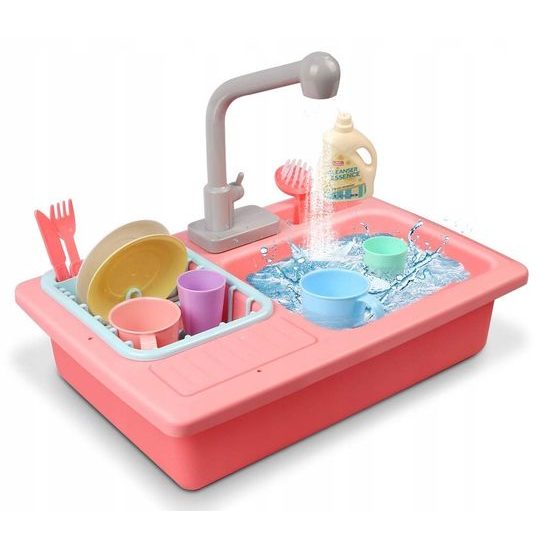 Dětský dřez s tekoucí vodou a nádobím Wash Up růžový