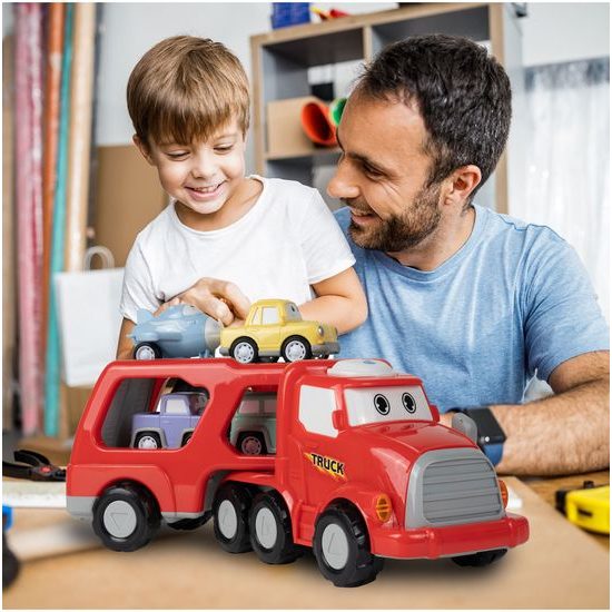 Nákladní auto se 3 autíčky, helikoptérou, světly a zvuky Transport Car červené