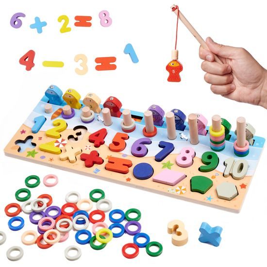 Dřevěné rybičky a číslice na lovení na magnet 3v1 Wooden Alphabet