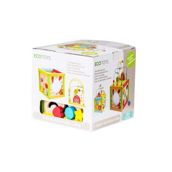 Ecotoys dřevěná edukační kostka s labyrintem 5v1