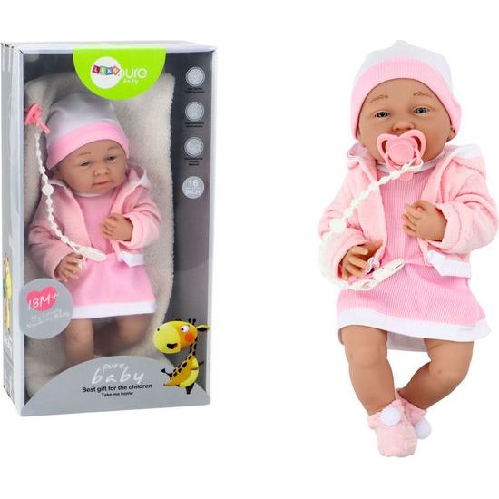 Panenka s dudlíkem v růžových šatičkách a kabátku, 35 cm