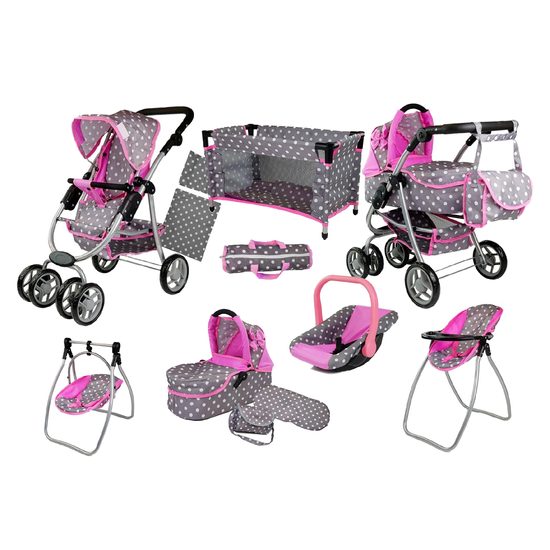 Doris kočárek pro panenky 9v1 šedý