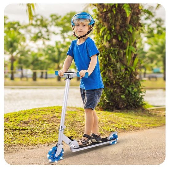 Dětská skládací koloběžka s hliníkovým rámem a svítícími koly - šedo/modrá