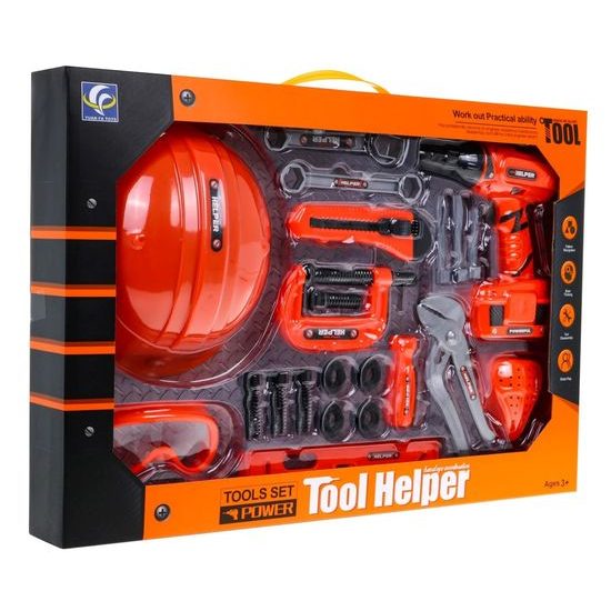 Velká sada dětského nářadí s vrtačkou na baterie a helmou Tool Helper