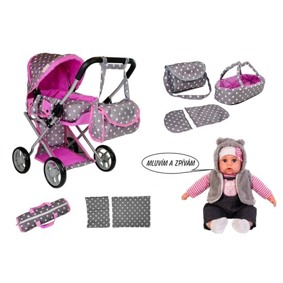 Alice kočárek pro panenky šedo-růžový 9346D + panenka