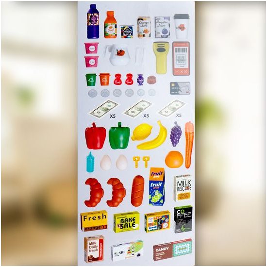 Dětský obchod Supermarket s lednicí a nákupním košíkem 65 součástí