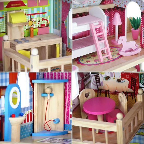 Ecotoys dřevěný dvoupatrový domeček pro panenky Malinová + 2 panenky