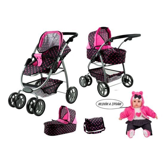 Doris velký sportovní kočárek pro panenky 3v1 - 9662 černý + panenka