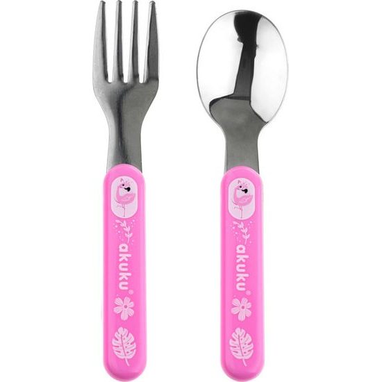 Dětská nerezová lžíce a vidlička Akuku růžová