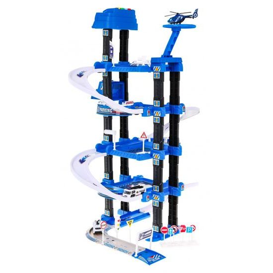 Parkovací garáž s výtahem na baterie, autíčky a hrací podložkou Police Garage