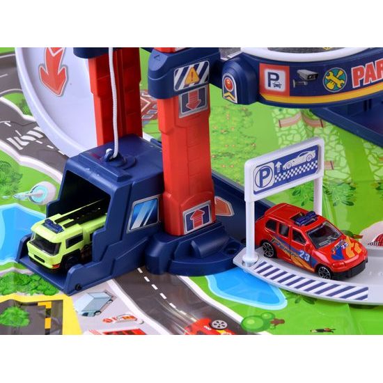 Parkovací garáž s výtahem na baterie, autíčky a hrací podložkou City Garage