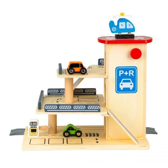 Ecotoys dřevěná garáž se 2 autíčky, výtahem a helikoptérou Wooden Garage