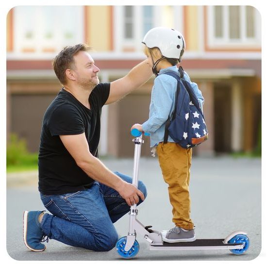 Dětská skládací koloběžka s hliníkovým rámem a svítícími koly - šedo/modrá