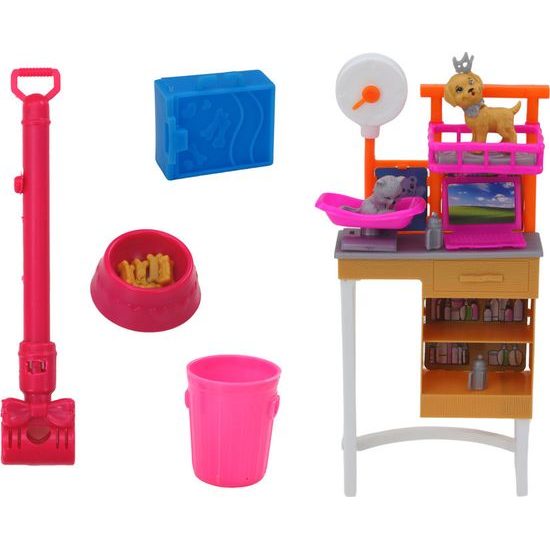 Panenka se psy a kočkou s veterinárními doplňky