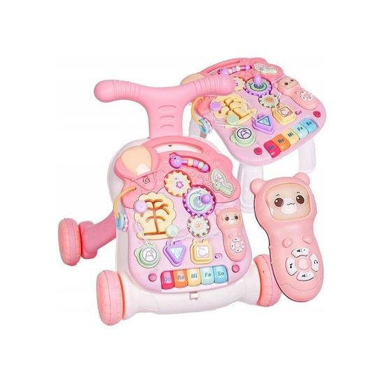 Doris interaktivní chodítko s hracím stolečkem 2v1 růžové