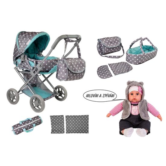 Alice kočárek pro panenky šedo-mentolový 9346D + panenka