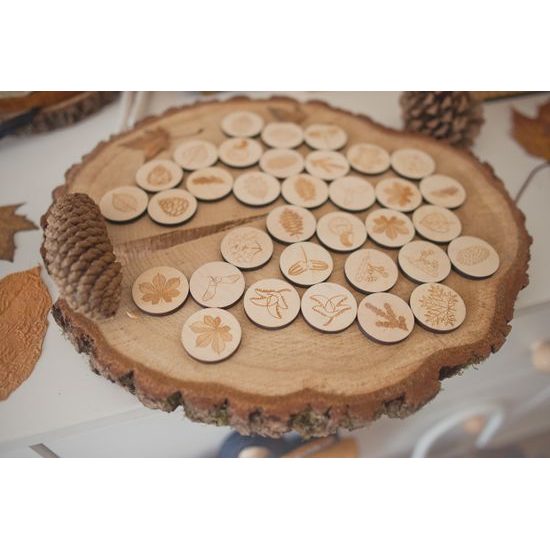 Pexeso listy a plody 3 - dřevěná paměťová sada v pytlíku (14 párů)