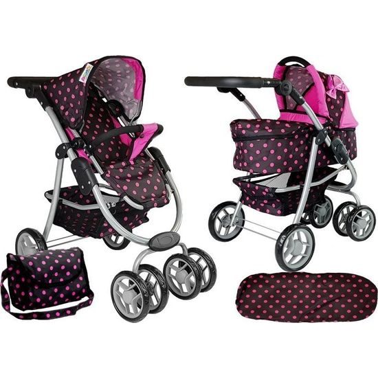 Kočárek pro panenky 2v1 s taškou - černý s růžovými puntíky