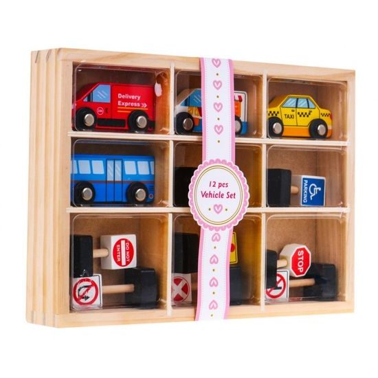 Majlo Toys sestava dřevěných autíček a dopravních značek 12 kusů