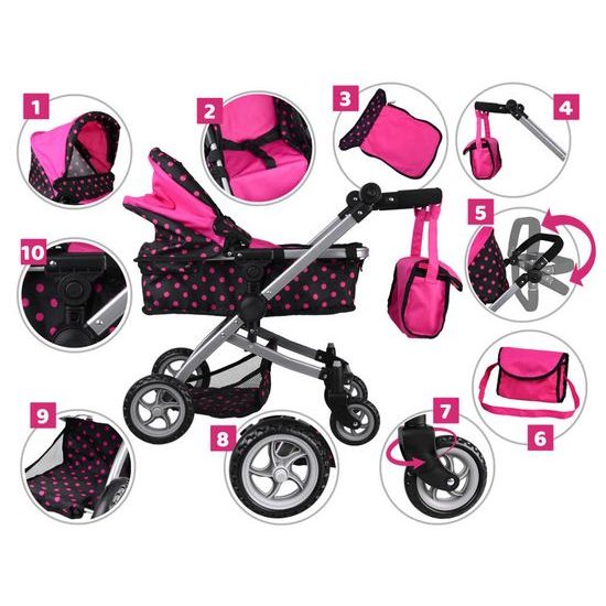 SMONTOVÁNO Kočárek pro panenky 4v1 kombinovaný Alice 4543 černo-růžový