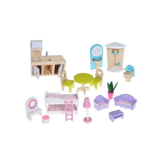 Ecotoys dřevěný dvoupatrový domeček pro panenky Malinová Nová + 2 panenky