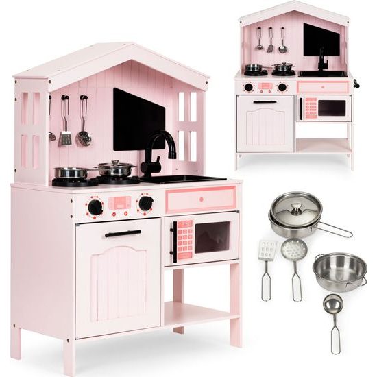 Ecotoys dětská dřevěná kuchyňka s příslušenstvím Domeček - růžová