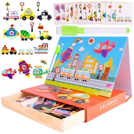 Dřevěná magnetická ukládačka Dopravní prostředky - 94 kusů