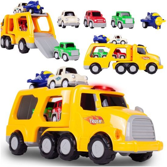 Nákladní auto se 3 autíčky, helikoptérou, světly a zvuky Transport Car žluté