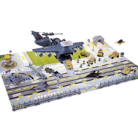 Dětské vojenské letiště s velkým letadlem a příslušenstvím Military Aircraft