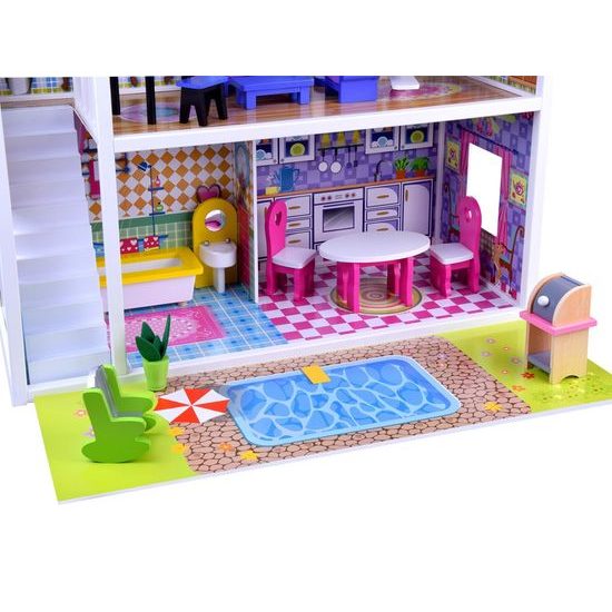 Ecotoys dřevěný XXL domeček pro panenky se skluzavkou rezidence Jersey