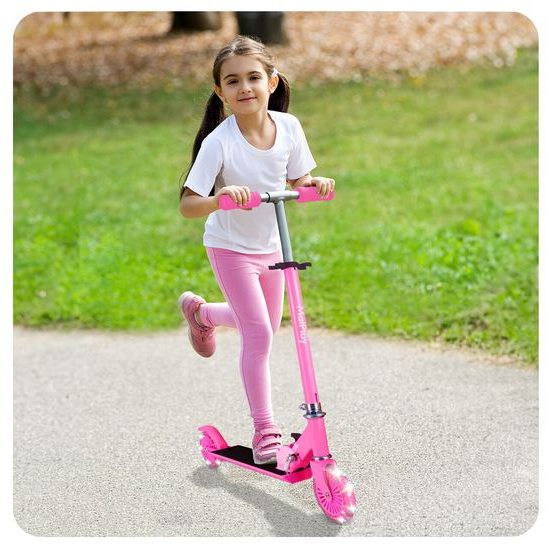 Dětská skládací koloběžka s hliníkovým rámem a svítícími koly - růžová
