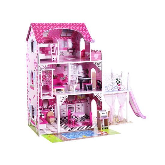 Dřevěný XXL domeček pro panenky se skluzavkou a LED osvětlením rezidence Nadia