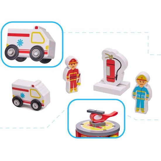 Dřevěná požární garáž s autíčkem a helikoptérou Lulilo