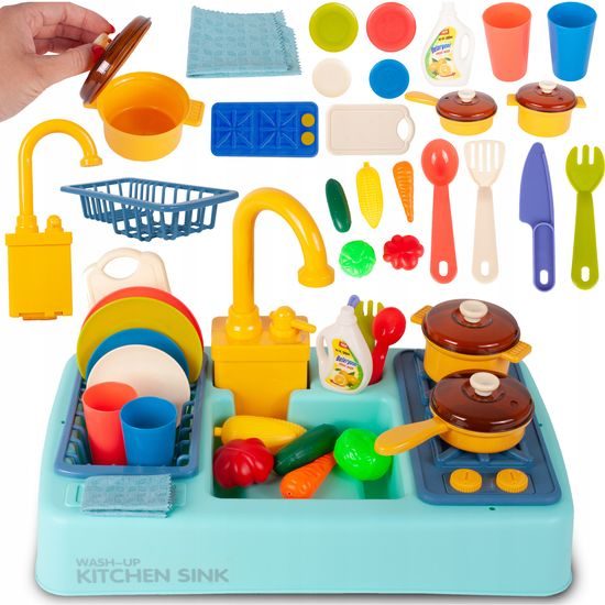 Dětský dřez s tekoucí vodou a nádobím Wash Up modrý