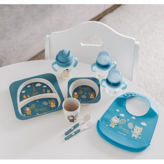 CANPOL babies Hrneček se silikonovým pítkem FirstCup BONJOUR PARIS 150ml modrý