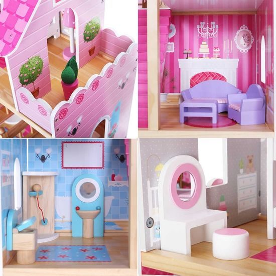 Ecotoys dřevěný dvoupatrový domeček pro panenky Malinová Nová + 2 panenky