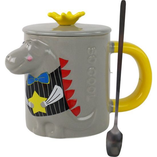 Hrnek s pokličkou - dinosaurus, šedý, 400 ml