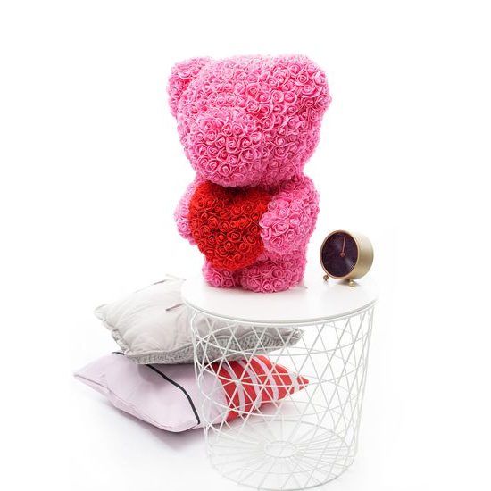 Medvídek z růží růžový s červeným srdcem Rose Bear 60 cm