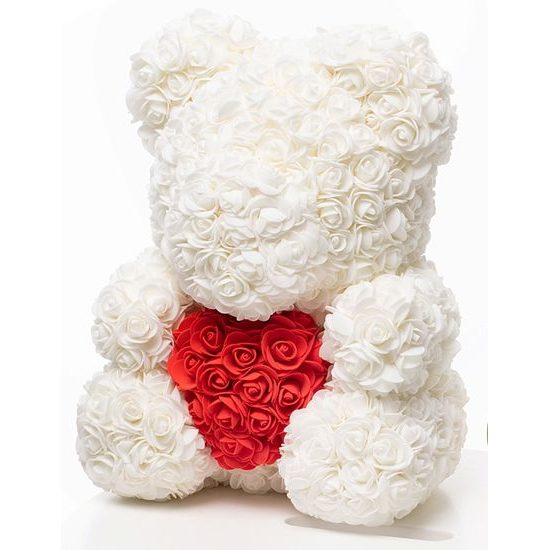 Medvídek z růží bílý s červeným srdcem Rose Bear 40 cm