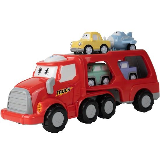 Nákladní auto se 3 autíčky, helikoptérou, světly a zvuky Transport Car červené
