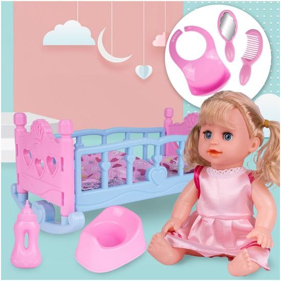 Postýlka pro panenku Play House 37 cm s panenkou a příslušenstvím