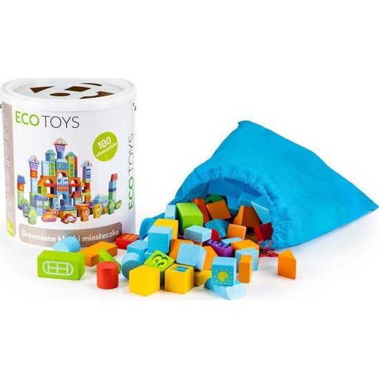 Ecotoys sada dřevěných kostek v kyblíku 100 ks v Městečko