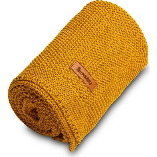 Dětská deka do kočárku pletená 100% bavlna hořčice