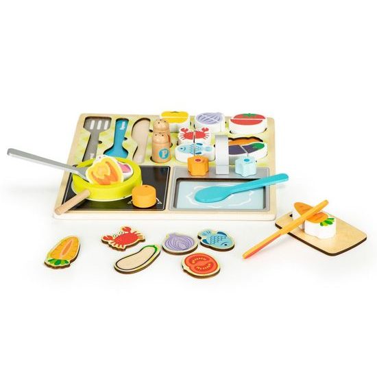 Ecotoys dětská dřevěná mini kuchyňka na desce s příslušenstvím Kitchen Desk