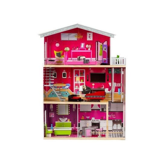 Ecotoys velký dřevěný domeček pro panenky Malibu s výtahem + panenka