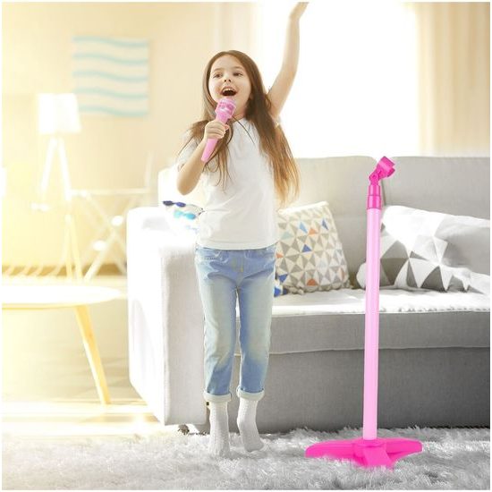 Dětská elektronická kytara se stativem a mikrofonem Guitar Micset - růžová