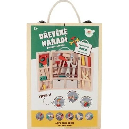 Nářadí s doplňky v dřevěném kufříku