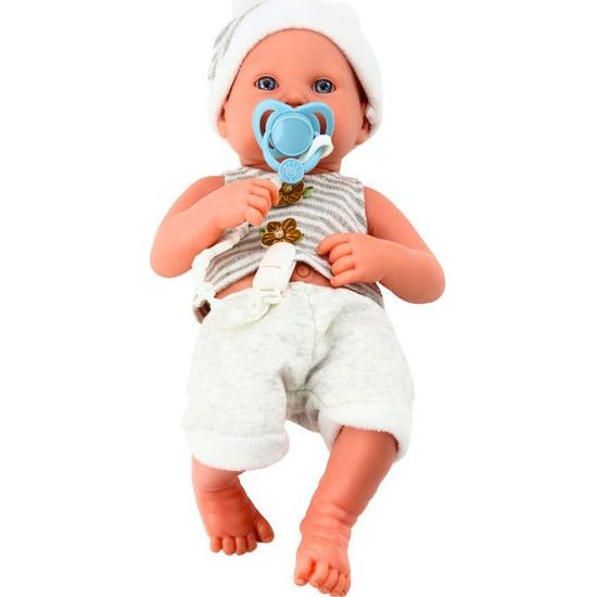 Panenka miminko v bílo-šedém oblečení s dudlíkem a dekou