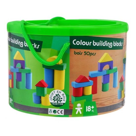 Majlo Toys sada dřevěných kostek 50 ks v kyblíku Building Blocks