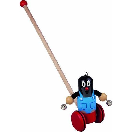 Dřevěné Strkadlo Krtek na kolečkách tlačící s tyčkou